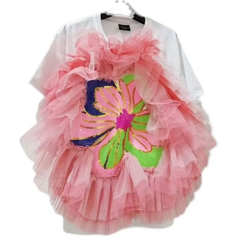Luxury Mesh Splicing Ruffles 3D Flowers Embroidery Sequined T-Shirts White Loose Short Sleeves Tees Jumpers O-neck Crop Tops