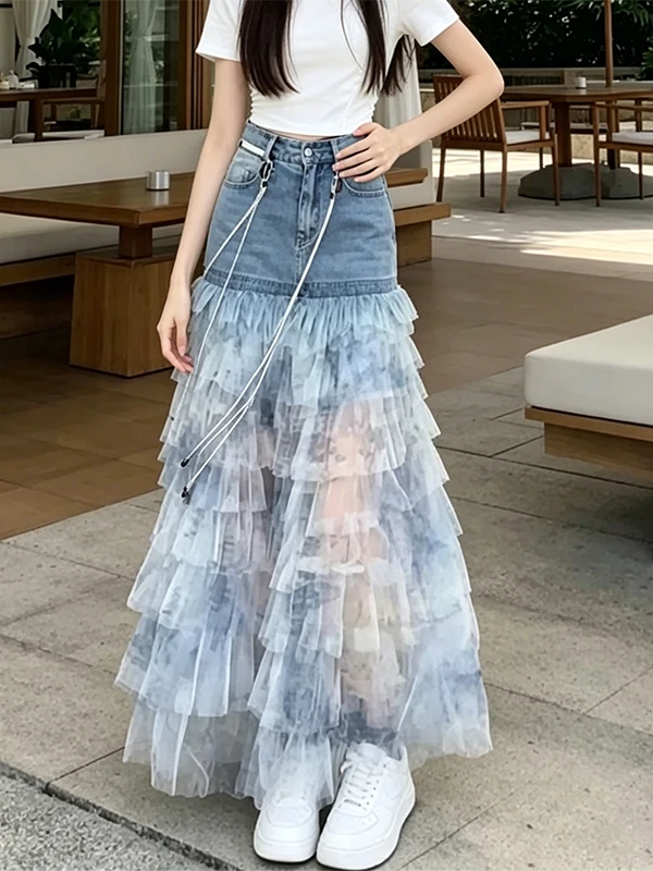 

Fashionable Tie-Dye Denim Mesh Half Skirt Women's Stylish A-Line Slimming Skirt High Waist Cake Skirt Summer 2026