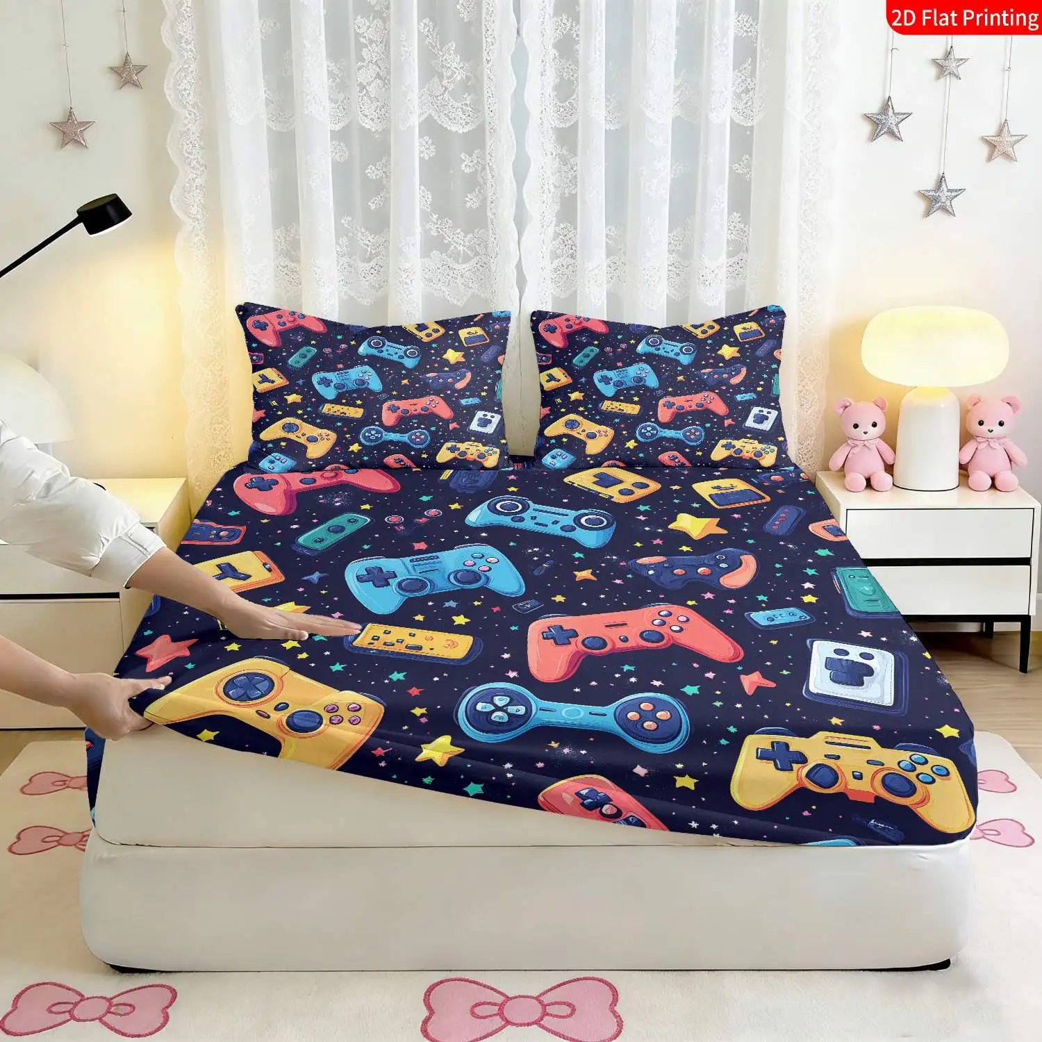 Digital Print Bed Sheet Set: Flat Print Bed Sheet in Modern Gaming Style, Retro Video Game Theme Bedding, Game Controller and Star Print. Large Capacity Deep Pocket 2D Print Bed Sheet and 2 Pillowcases. Bedding Mattress Protector. Elastic Bed Sheet Style. Protective Cover. Mattress Protector. Suitable for all seasons. Machine washable design. Holiday decoration. Various sizes. Breathable protective cover with pillowcases