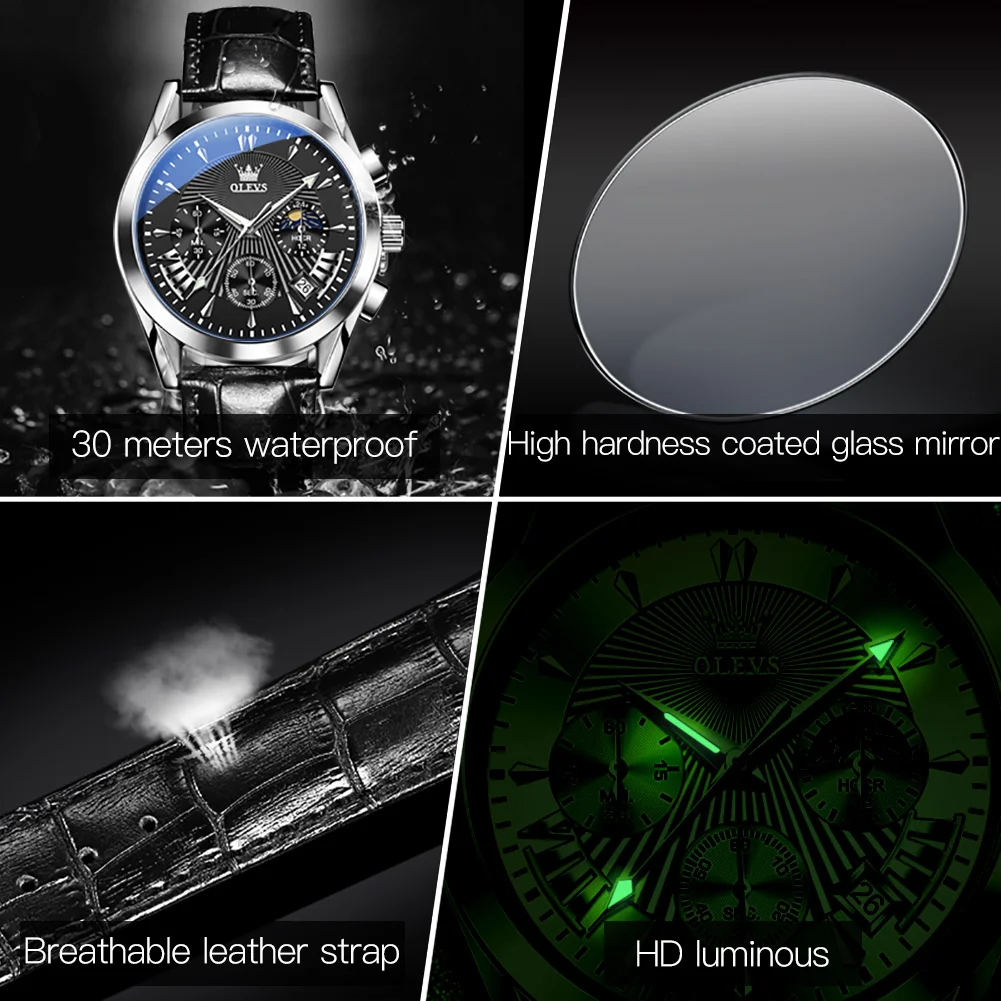 OLEVS 2876 reloj de fase lunar para hombre, reloj de cuarzo con correa de cuero genuino Original para hombre, reloj de pulsera de lujo resistente al agua con fecha automática para hombre