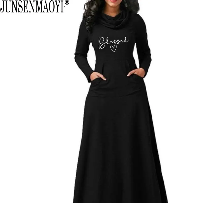 Blessed Letter Print Dress Fashion Women With Pocket Long Sleeve Christian 90s Girl Aesthetic Faith Jesus dresses Long Elegant