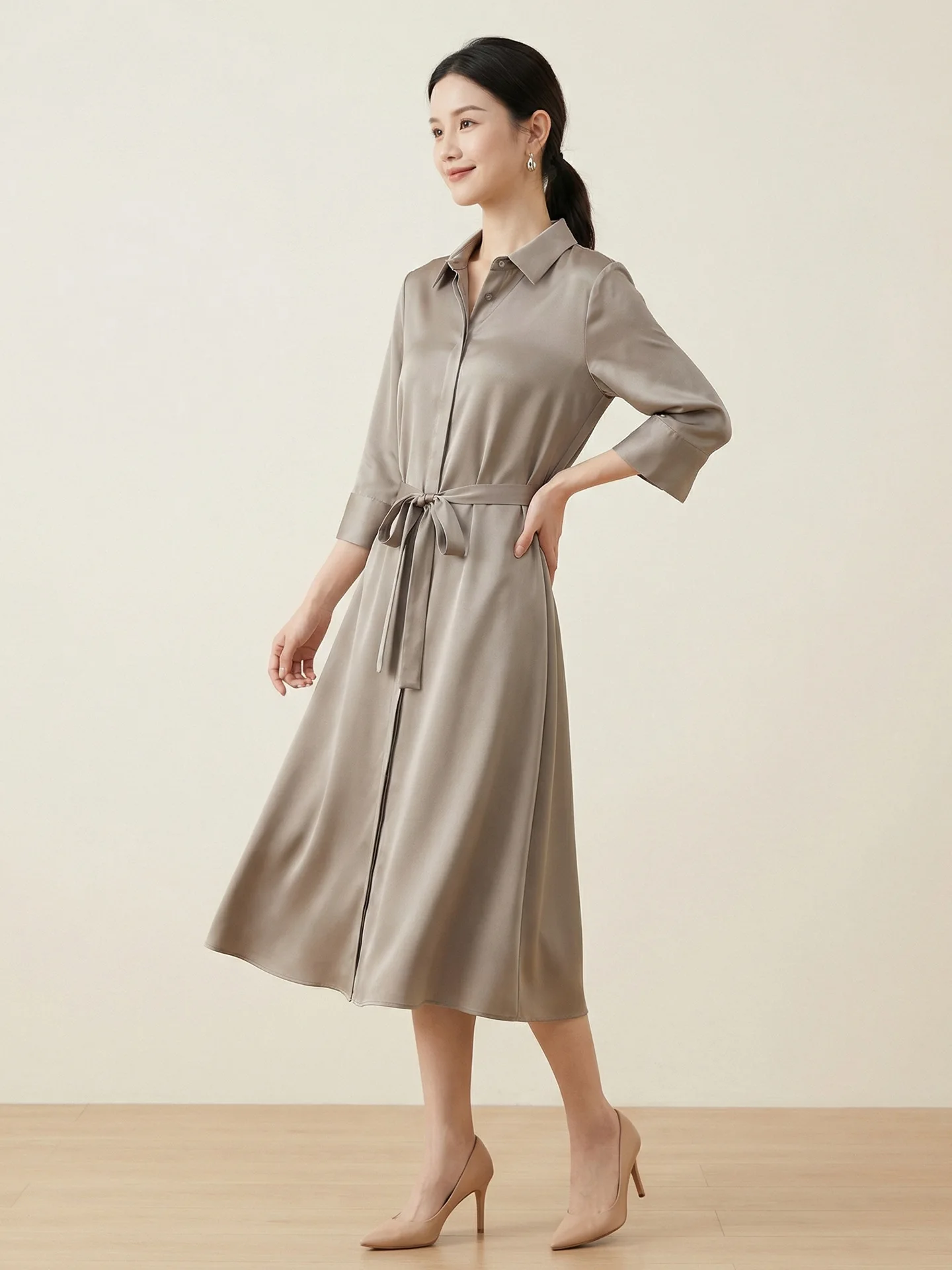 

Women's Long Dress 93% Mulberry Silk Three-Quarter Sleeve Shirt Dress Work Office Commuter Dress 2026 Clothing