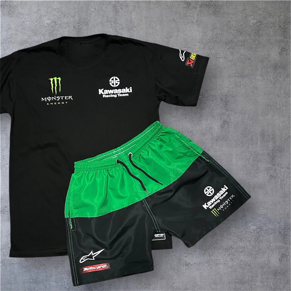 

2026 New Kawasaki Motorcycle Racing Team Set Men's Oversized Breathable Quick Drying Sports Set Super Motocross T-Shirt Shorts