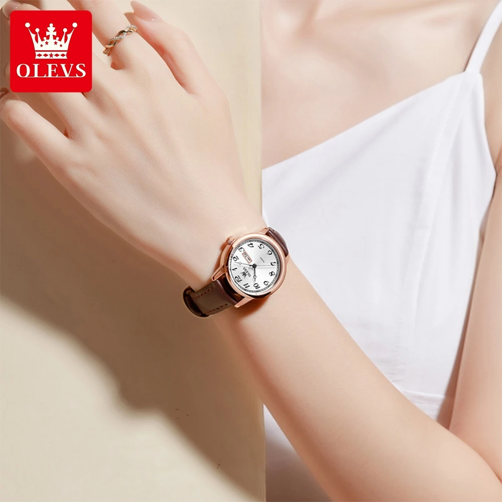 ساعات OLEVS Leisure Fashion النسائية بمقياس الأرقام العربية المقاومة للماء كوارتز أصلية لساعة يد بحزام جلدي للسيدات #2