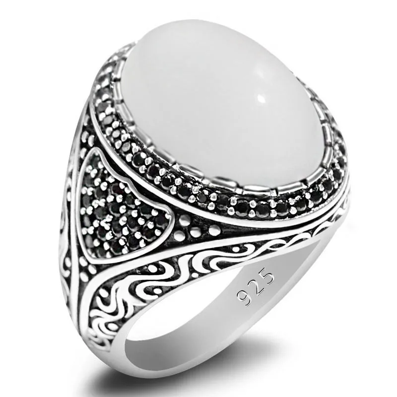 Official genuine s925 pure silver ring, natural white agate stone handmade gift, men's holiday party luxury gift