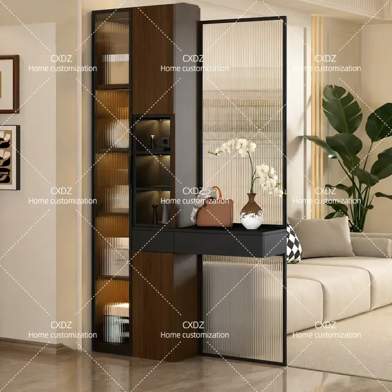 Entryway Glass Screen Partition Solid Wood Porch Cabinet Medium Antique Style Door Shoe Cabinet Storage Locker 9W60