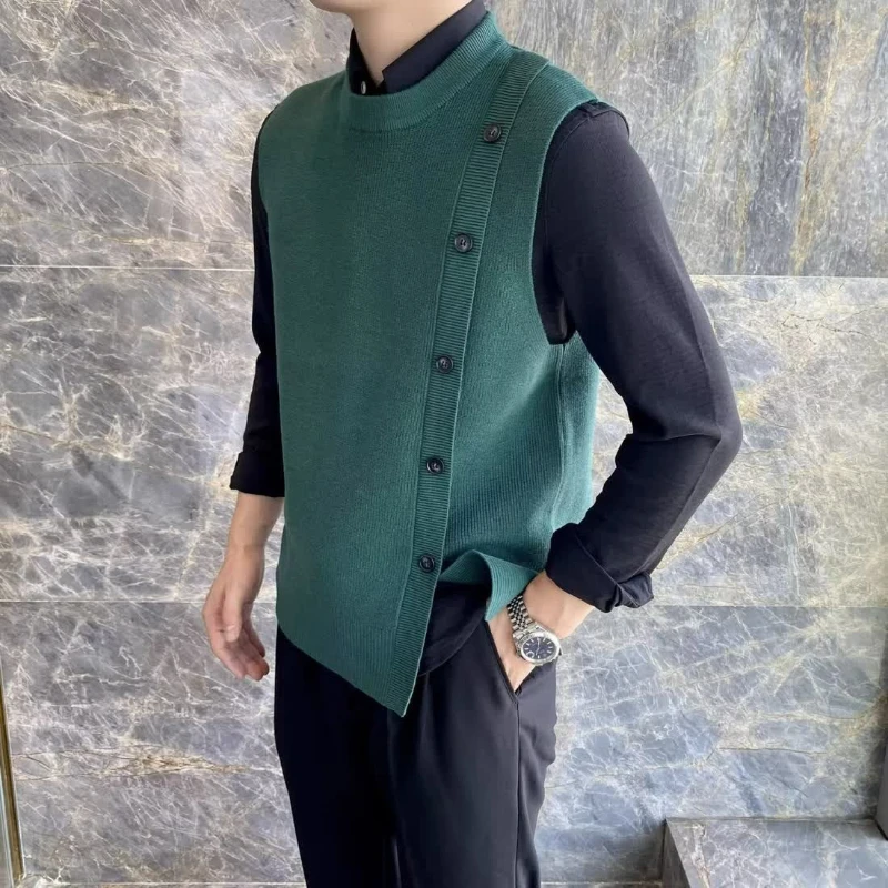 

Autumn and Winter Personalized Button Decorative Sweater Vest Men Simple Solid Sleeveless O-neck Pullover Knit Sweater Vest