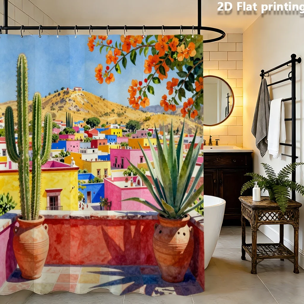 Mexican Village Shower Curtain, Cactus & Colorful House Print Bath Screen, Waterproof Polyester Fabric Tropical Decor with Hooks