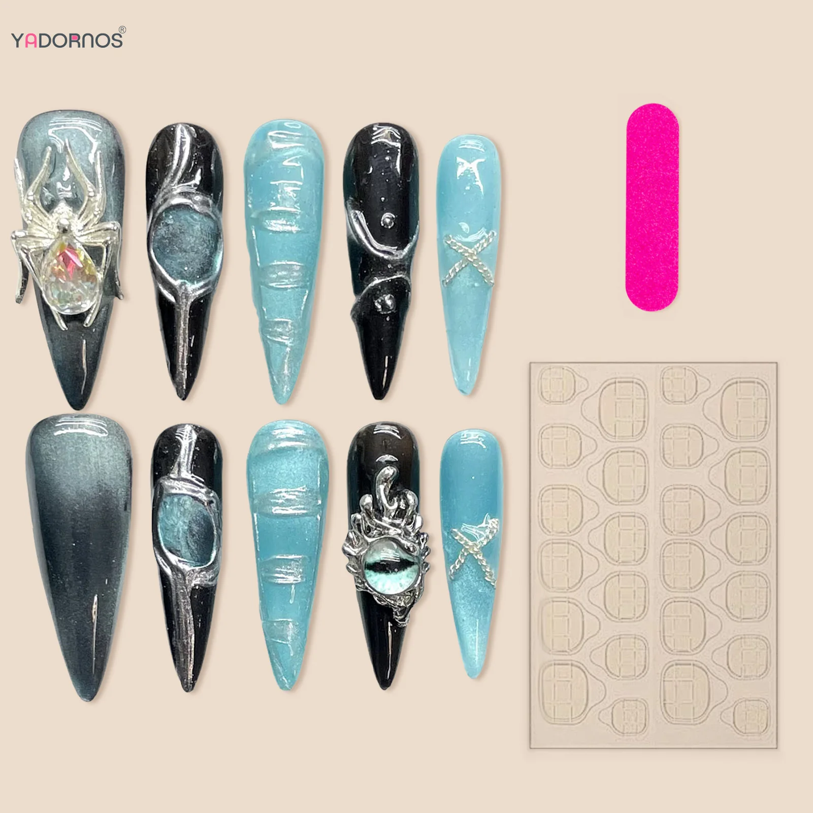 롱 스틸레토 수제 가짜 손톱, 블루 블랙 프레스, 펑크 패션, 합금 스파이더 디자인, 웨어러블 가짜 손톱