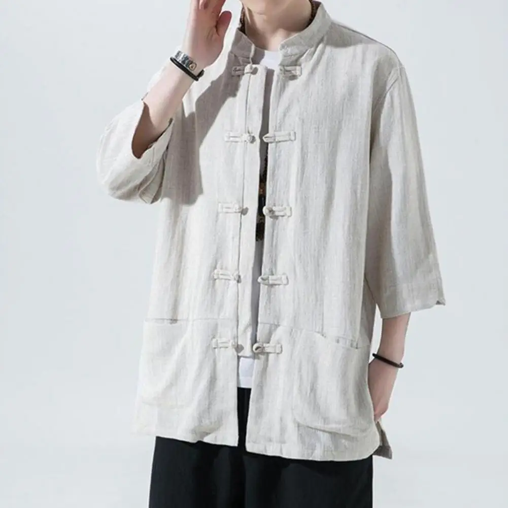 Осенняя мужская рубашка в китайском стиле с воротником-стойкой и длинным рукавом с карманами, мужская рубашка, традиционные топы с кунг-фу и дисковыми пуговицами Тан для вечеринки