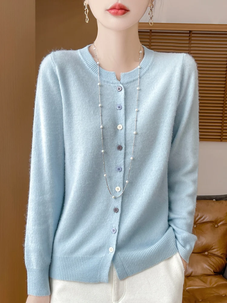 100% Merino Wool Sweater Women O-neck V-neck Cardigan Office Lady Knitwear Grace Cashmere Autumn Winter Comfortable Clothing Top