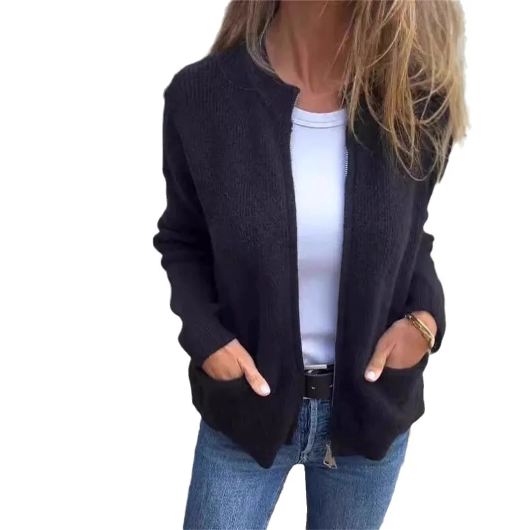 Knit Gray Women Cardigan Loose Long Sleeve Zipper Female Sweater 2025 Casual Autumn Winter O Neck Straight Female Pocket Jacket