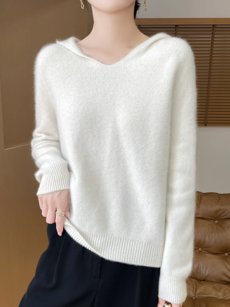 Autumn Winter Women Hooded Pullovers Casual Loose Style Cashmere Sweater 100% Merino Wool Knitwear Thick Soft Warm Clothing