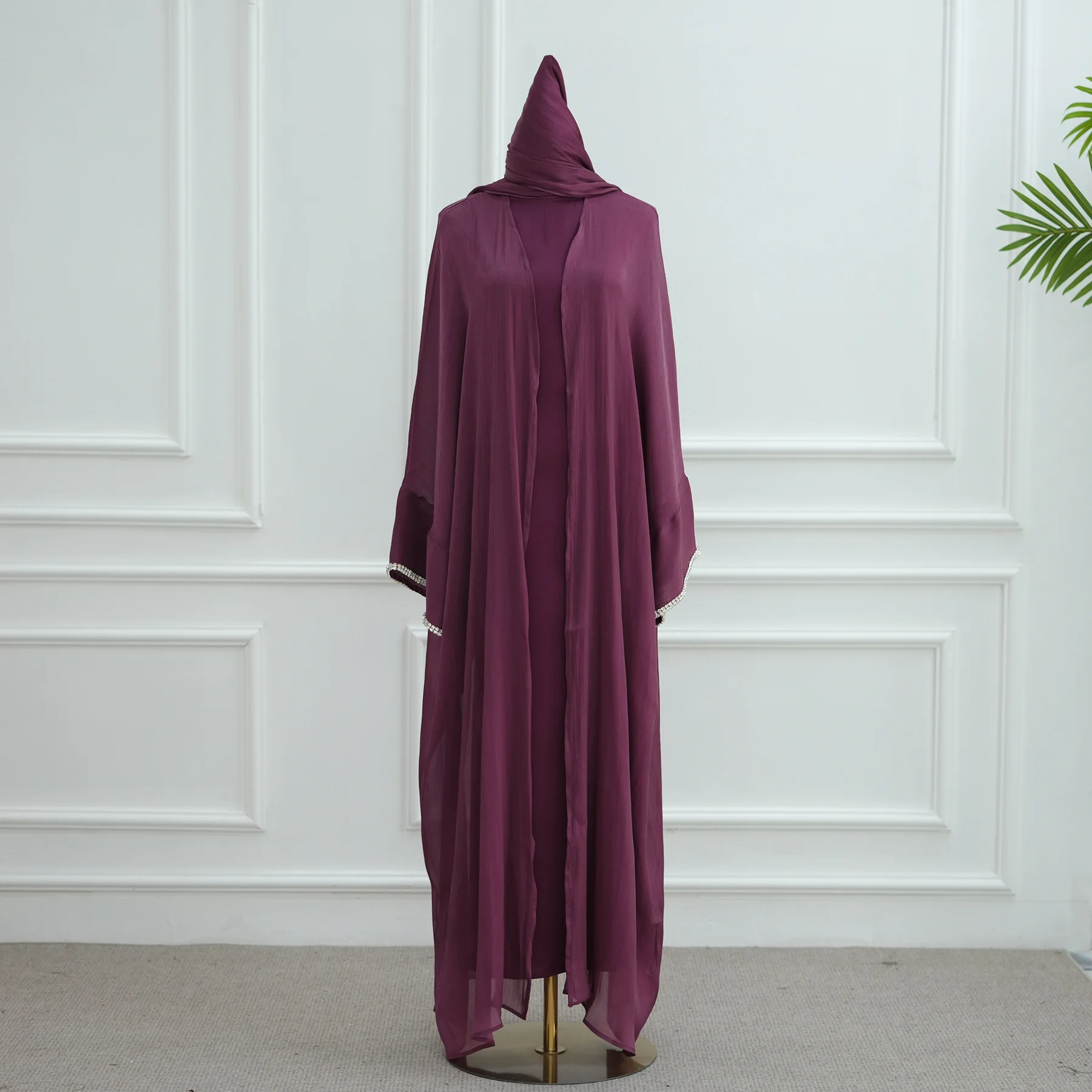 

Мусульманский комплект из 3 предметов, женское кимоно, кардиган с бриллиантами, открытая Абая, внутренние платья, шарф, арабский халат, кафтан, Дубай, исламская одежда, новинка