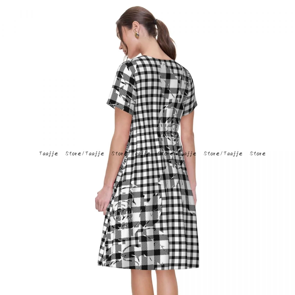 Women Dress Black Plaid With Flowers Summer Elegant O Neck Short Sleeve Female Casual Loose Long Dress