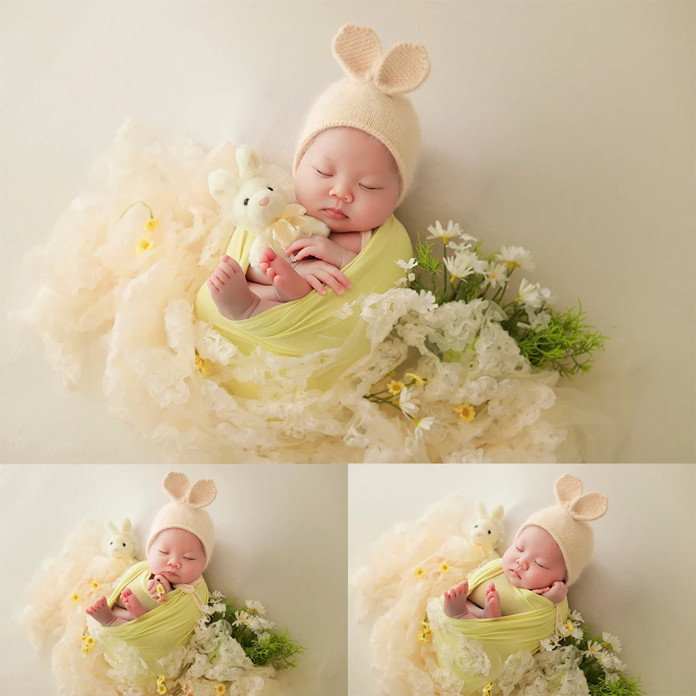 Couverture en dentelle florale avec oreilles de lapin, emmaillotage Pro rond, accessoires de photographie, enveloppes commandées en coton, chapeau pour studio photo de bébé