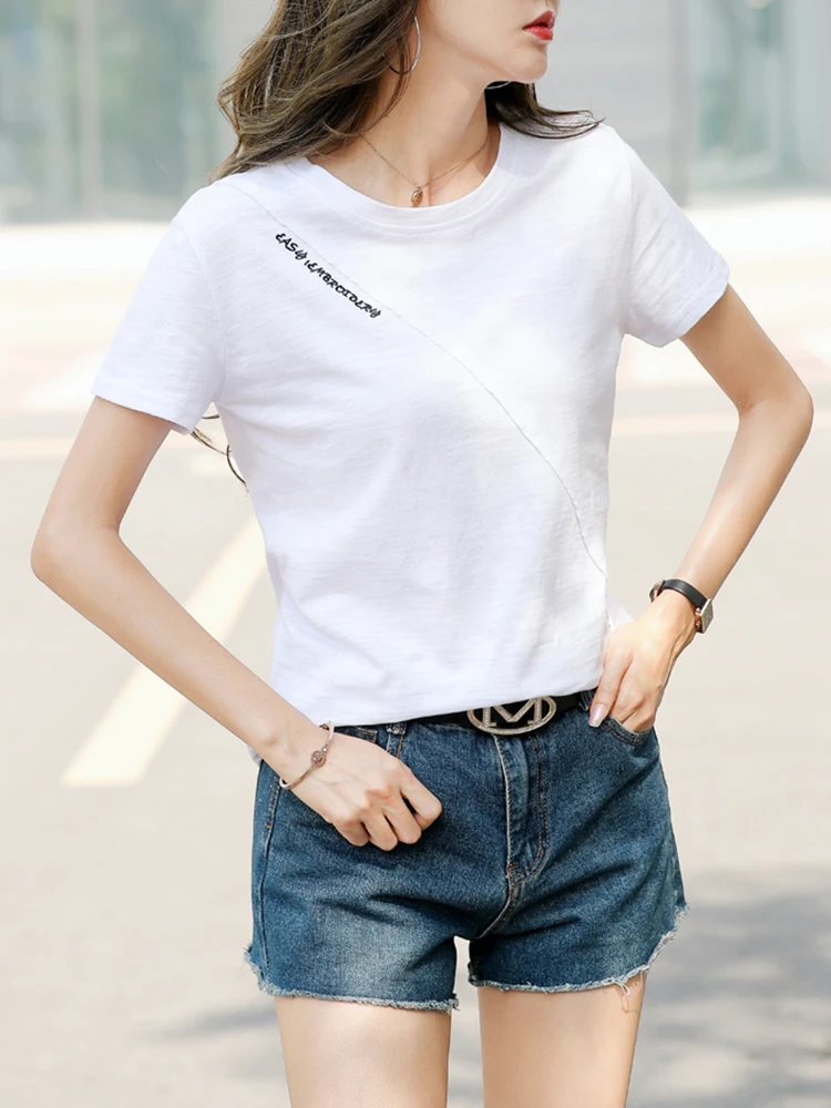 2026 Sommer T-Shirt Damen 100% Baumwolle Kurzarm-Shirts Tops O-Ausschnitt Shirt Tees Locker Sitzende Patchwork-Tops Lässig Hochwertig – Detail 4