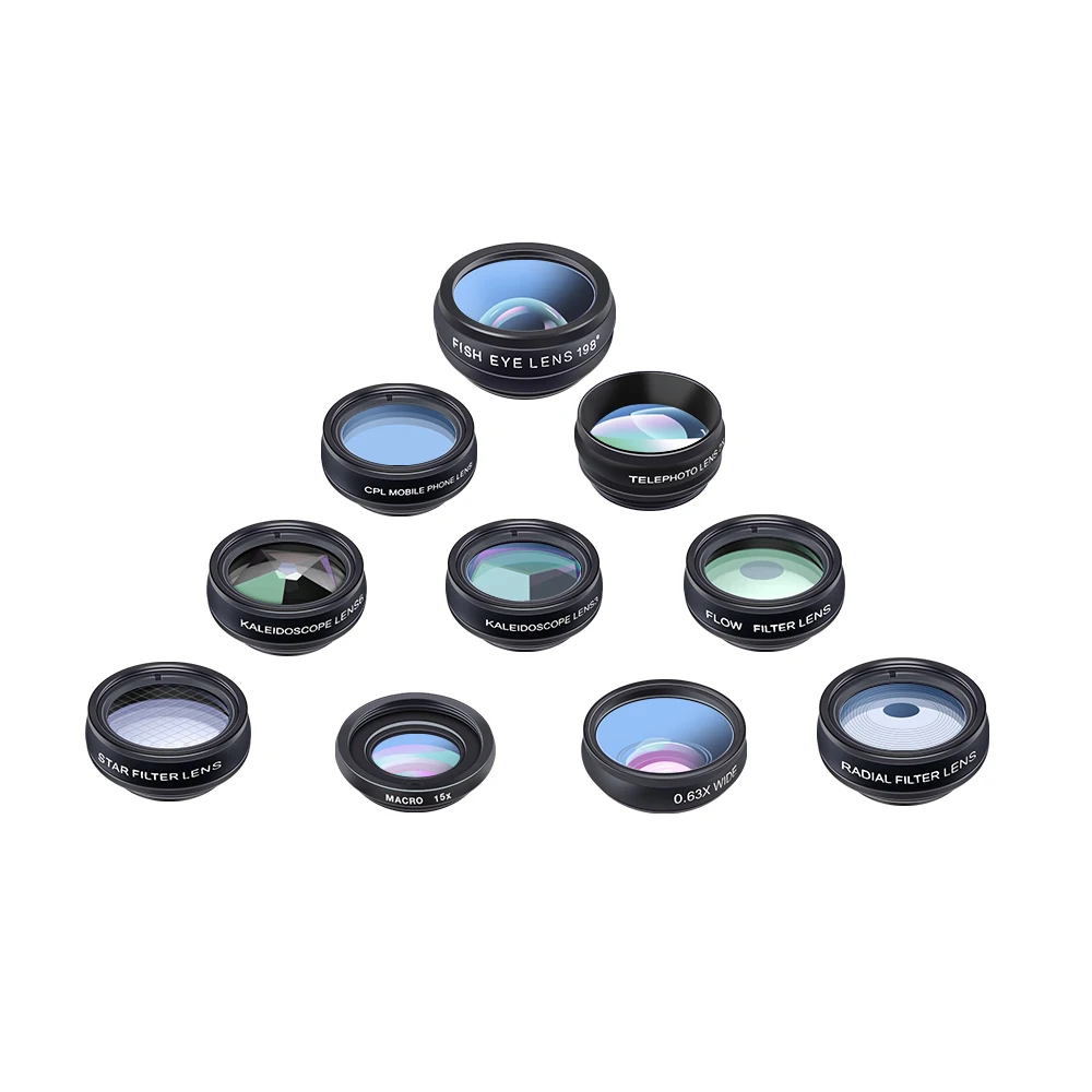 APEXEL 10 in 1 Phone Camera Lens Kit with 0.63X Wide Angle + 15X Macro + 198°Fisheye + 2X Telephoto for Android iPhone