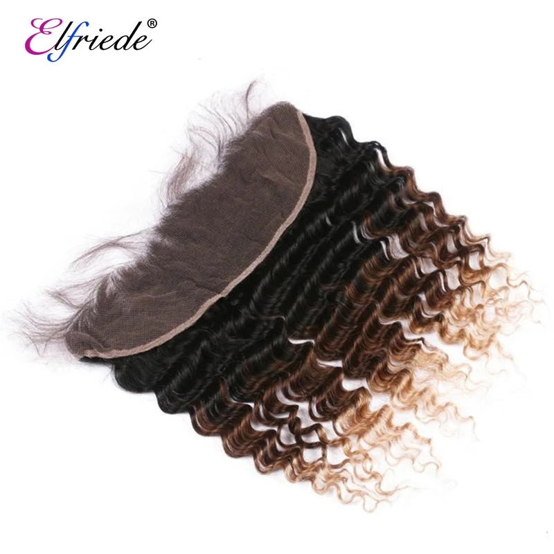 Elfriede 1B/4/27 Deep Wave Ombre Hair Bundles with Frontal 100% Human Hair Weaves 3 Bundles with Lace Frontal 13x4 Transparent