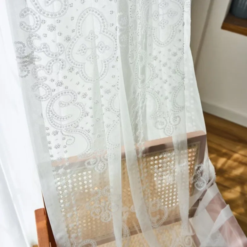 Custom Size European Style Embroidered Sequin White Tulle Curtains for Living Dining Room Bedroom Luxury  Sheer Window Veil