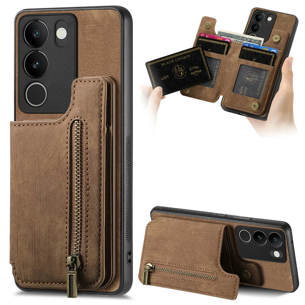 

V40 SE V30 V29 V27 V25 Pro Zipper Leather Case Card Back Panel for Vivo V30 Lite Luxury Case Phone Vivo V30E V25E V 30 E Funda