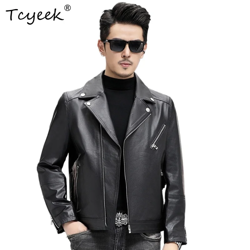 

Tcyeek Top Layer Cowskin Spring Autumn Korean Style Suit Collar Black Short Men's Genuine Leather Jacket Куртка Кожаная Мужская