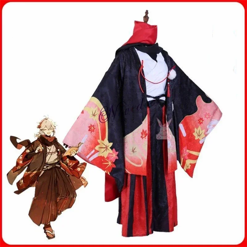 Anime Vijf Kasen Kaedehara Kazuha Cosplay Kimono Halloween Carnaval Samurai Kostuum Prop Pruik MN5