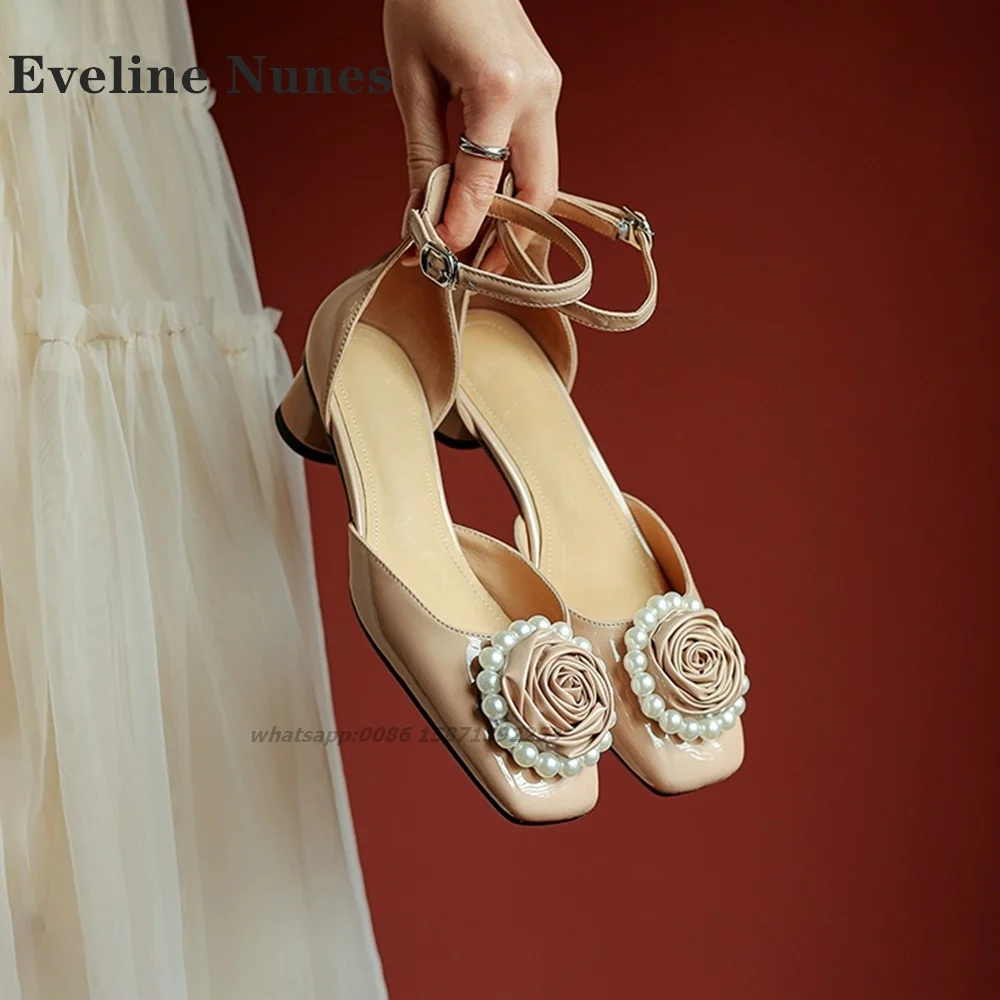 

Pearl Flower Patent Leather Pumps Square Toe Round Heels One Word Buckle Sandals Side Air Cover Heel Elegant Woman Heeled Shoes