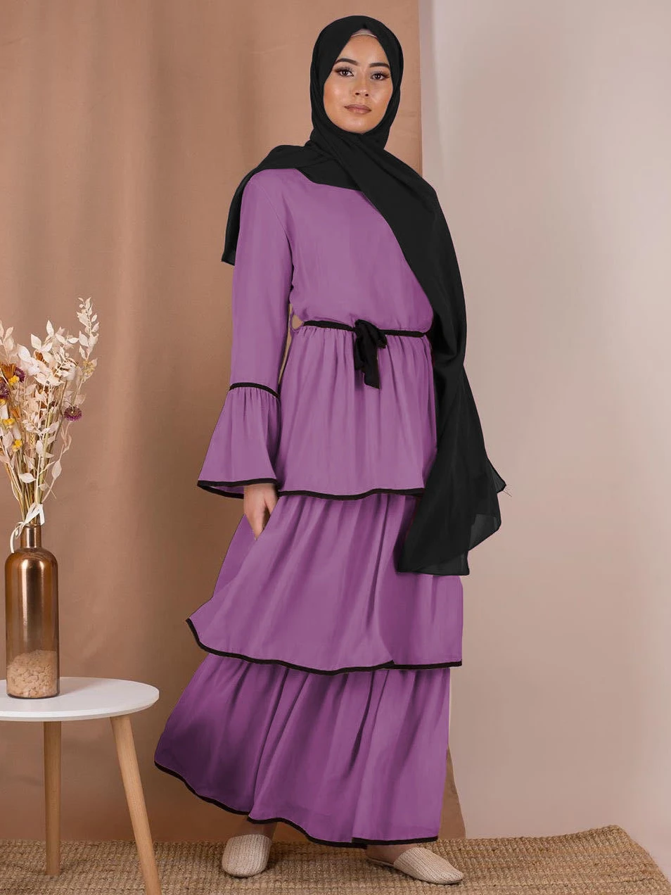 Dubai Islam Muslim Sweet Cake Dress Women Flare Sleeve Lace-up Multi-layer Pleated Cupcake Dresses Ankle-length Islamic Clothing