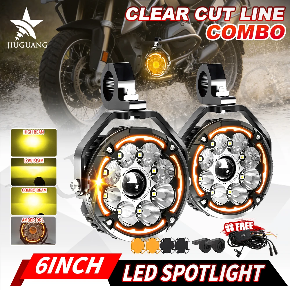 HL 6 inch Motorcycle LED Spotlight Clear Cut Line Combo Beam High Low Beam Amber DRL Auxiliary Light Dimmer Switch off-road use