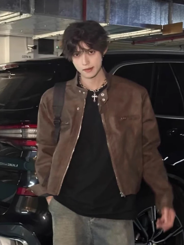 

High Street Cool Style PU Leather Jacket Men Short Design Retro Brown Fashion Trend Brand Casual Vintage Outwear Coat New Autumn