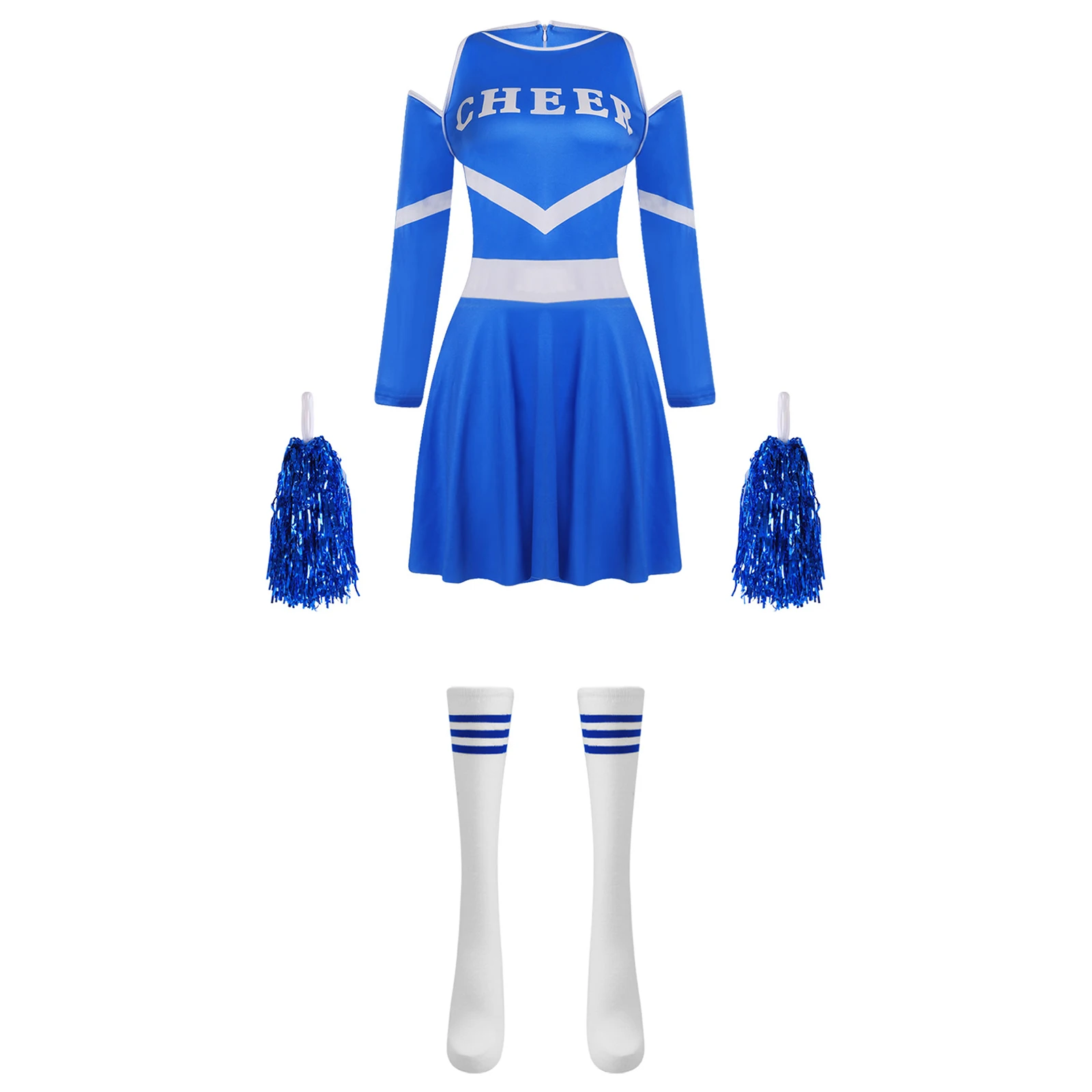

Womens Cheerleading Uniform Costume Cheer Dance Performance Outfit Cold Shoulder Dress with Stockings Pom-Poms for Festival Prom