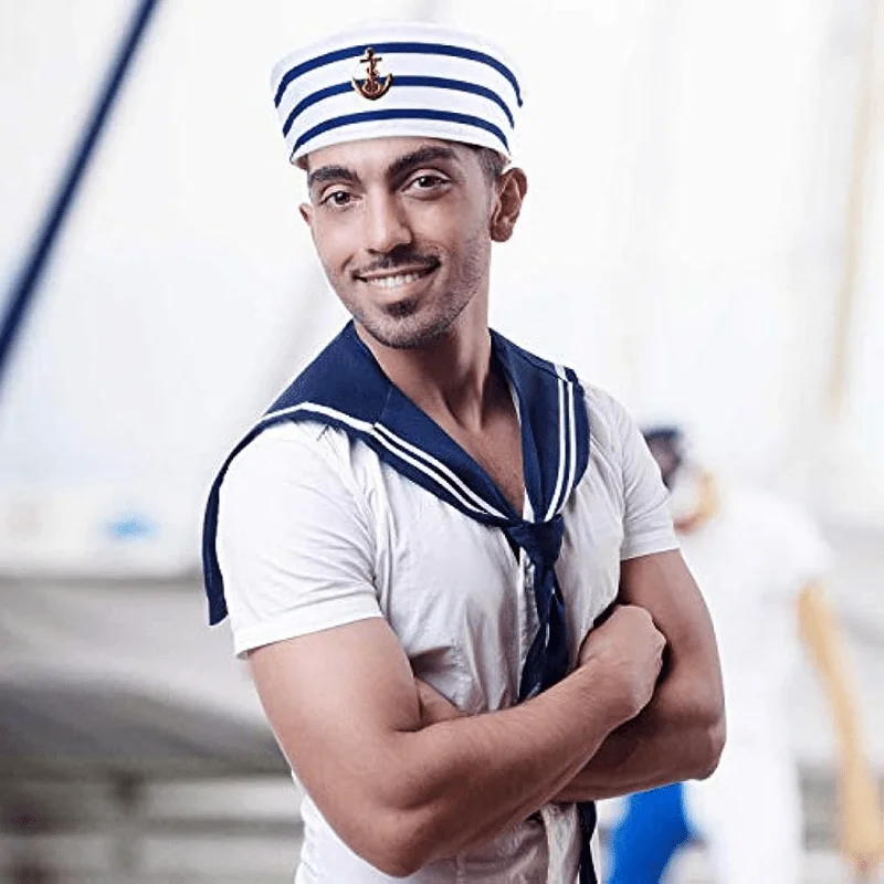 Blue striped sailor hat white striped sailor navy hat captain role-playing party yacht party hats,6-piece set