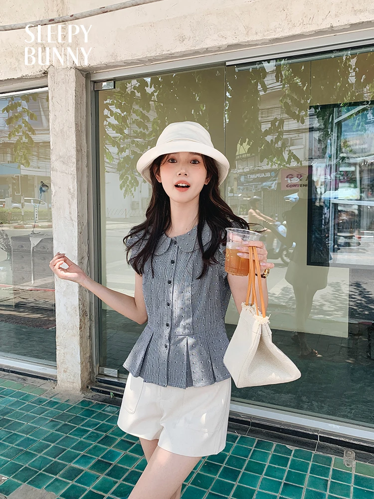 Vintage Plaid Ruffle Sleeve Blouse Women Summer Slim Fit Button Down Flared Hem Top Retro Checkered Shirt Casual Cute Style