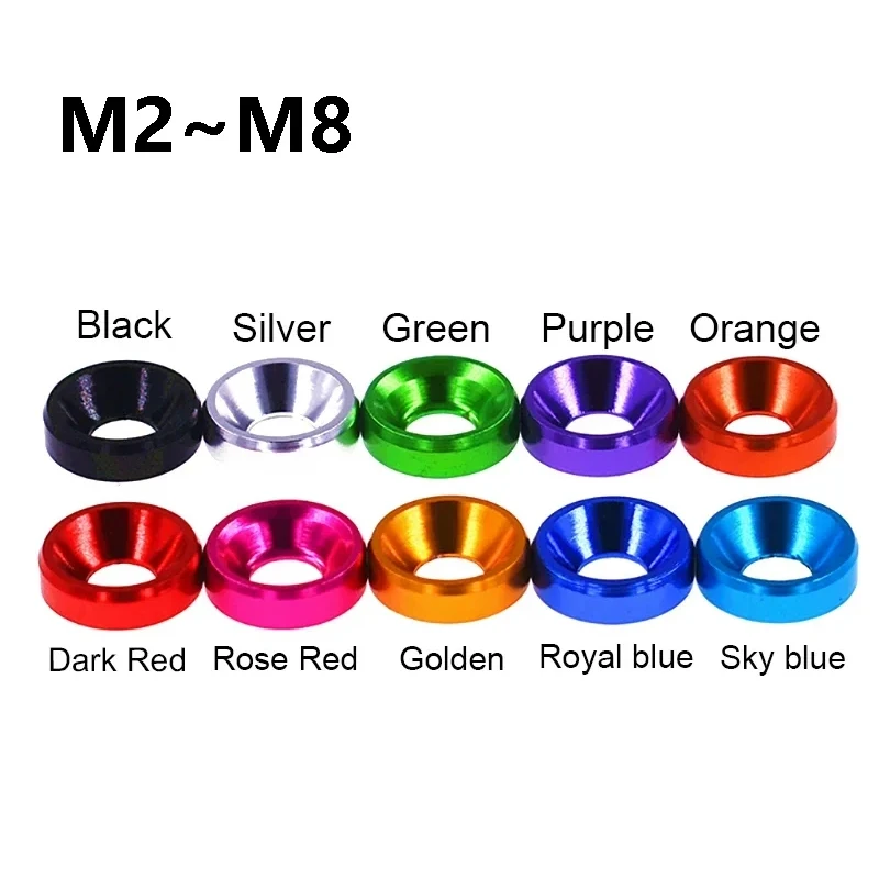 Anodized Aluminum Countersunk Washers M2 M2.5 M3 M3.5 M4 M5 M6 M8 Cone Head Gaskets for RC Drone Car Modification DIY Hardware