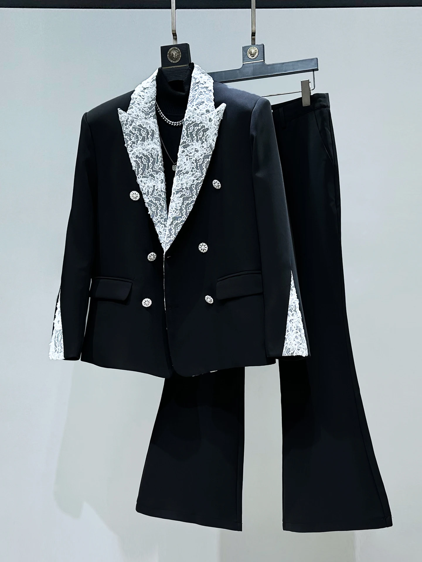 

Original Luxury Lace Patchwork Double Button Men's Suit High-End Feel Micro Flared West Pants Set Youthful Trendy Autumn Wear