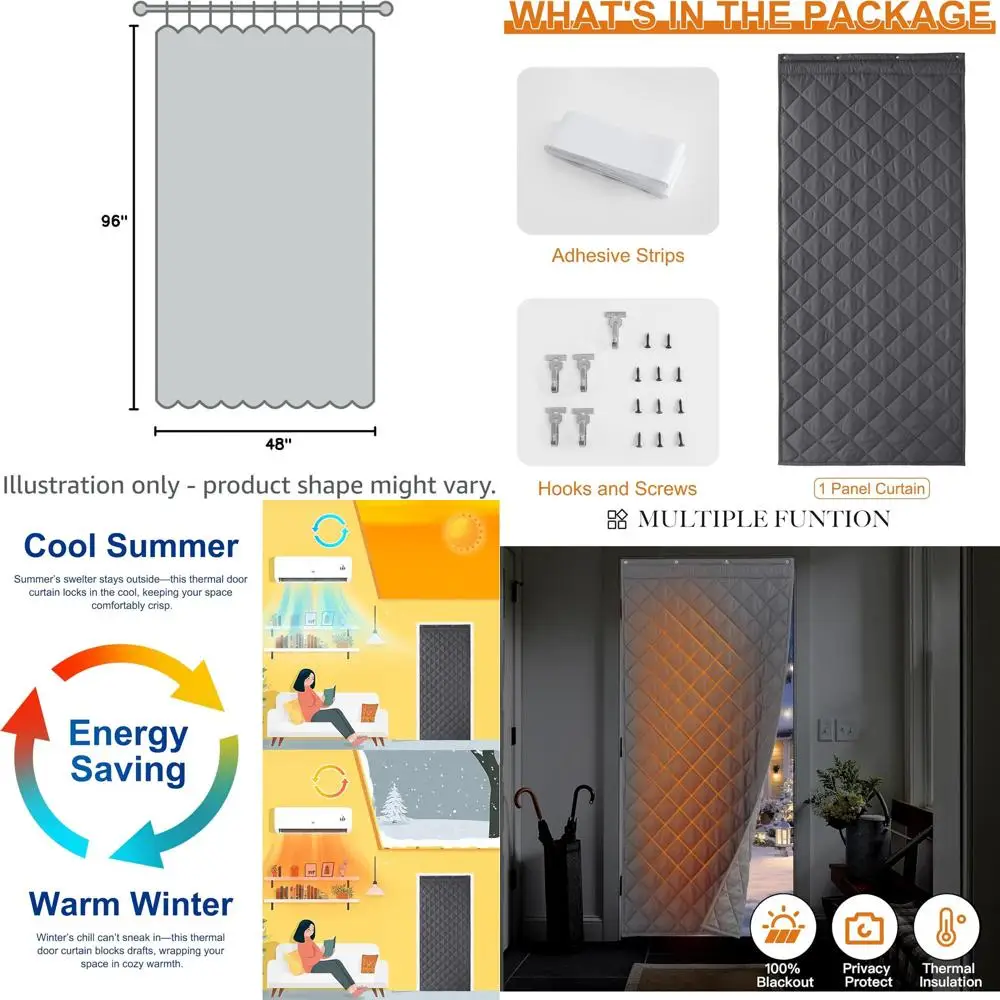

Thermal Insulated Curtain, Large Grey, W48xL96, Soundproof & Acoustic, Winter Insulation, Door & Window Draft Blocker
