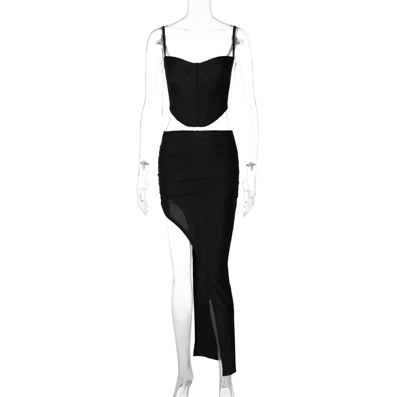 2023 New Sexy Dress Sets 2 Pieces Women Spaghetti Strap Corsets Solid Color Slim Crop Tops Split Skirt Club Party Suits Summer