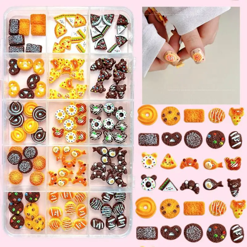 1Box Cartoon Simulated Sandwich Pizza Nail Art Charms Creative Donut Chocolate Cookies Resin Nail Decorations DIY Hair Clip Nail