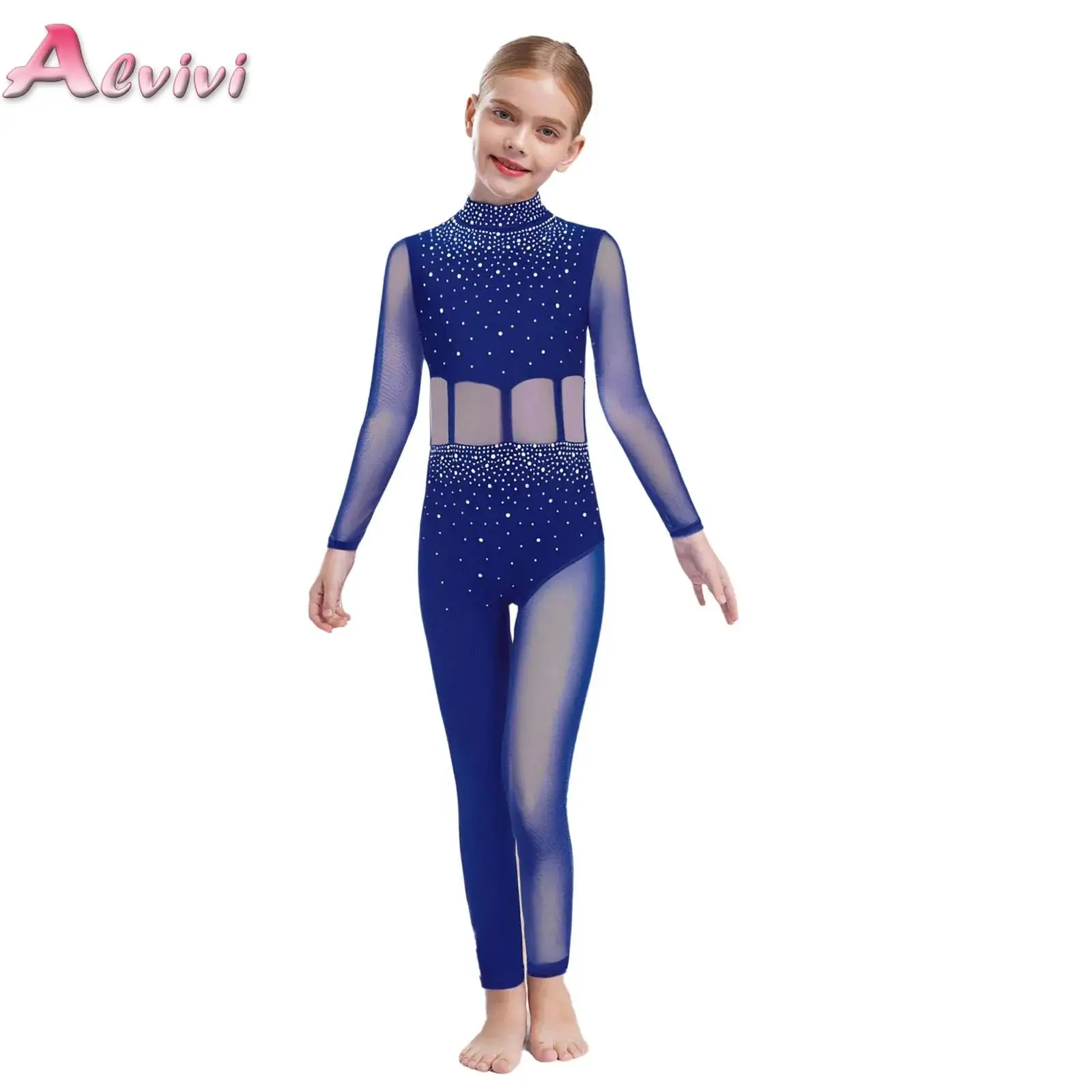 

Kids Girls Long Sleeve Figure Skating Full Bodysuit Jumpsuit Ballet Dance Jersey Gymnastics Leotard Rhinestones Unitard Costume