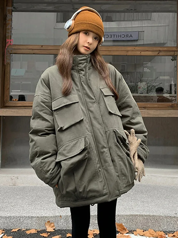 

LANMREM Autumn And Winter New Cotton Coat Women Fashion Stand Collar Pockets Solid Color Mid Length Coat Fashion Clothing 2VV393