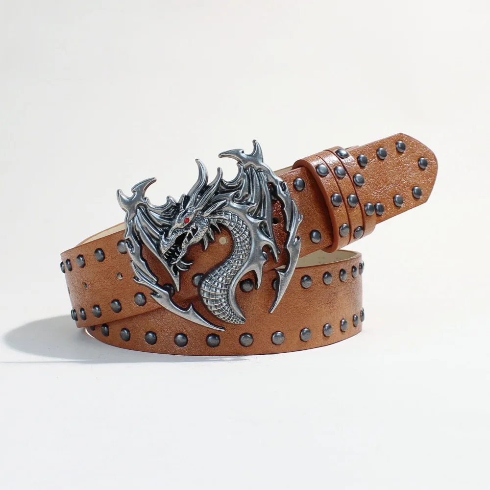Men's Punk Studded Belt Vintage Dragon Head Buckle Crocodile Print Faux Leather Iris Stud Accents Biker Rock Gothic Style Belt