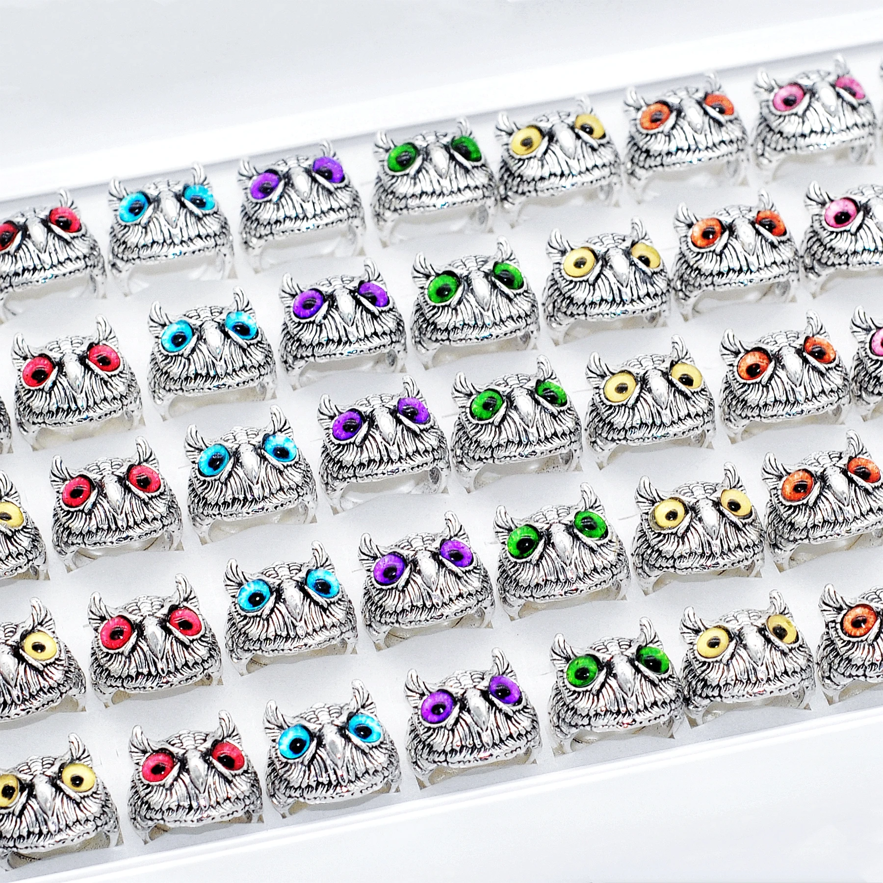 10/20/30 sztuk kolorowe oko sowa zwierzęta otwarty Vintage pierścienie dla kobiet mężczyzn Alloy Metal Anique posrebrzane biżuteria na palce Party prezent