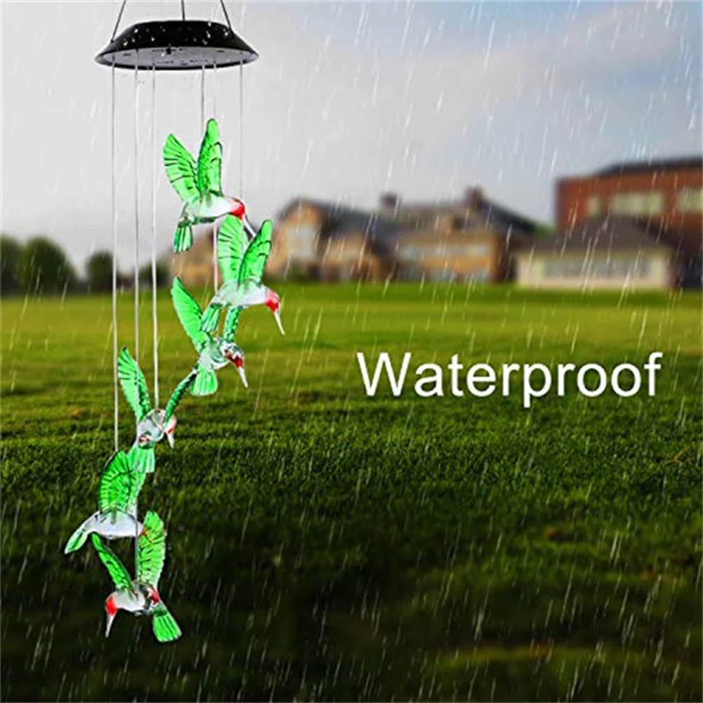 LED Colorful Solar Power Wind Chime Crystal Hummingbird Hanging Pendant Waterproof Outdoor Windchime Solar Light For Garden