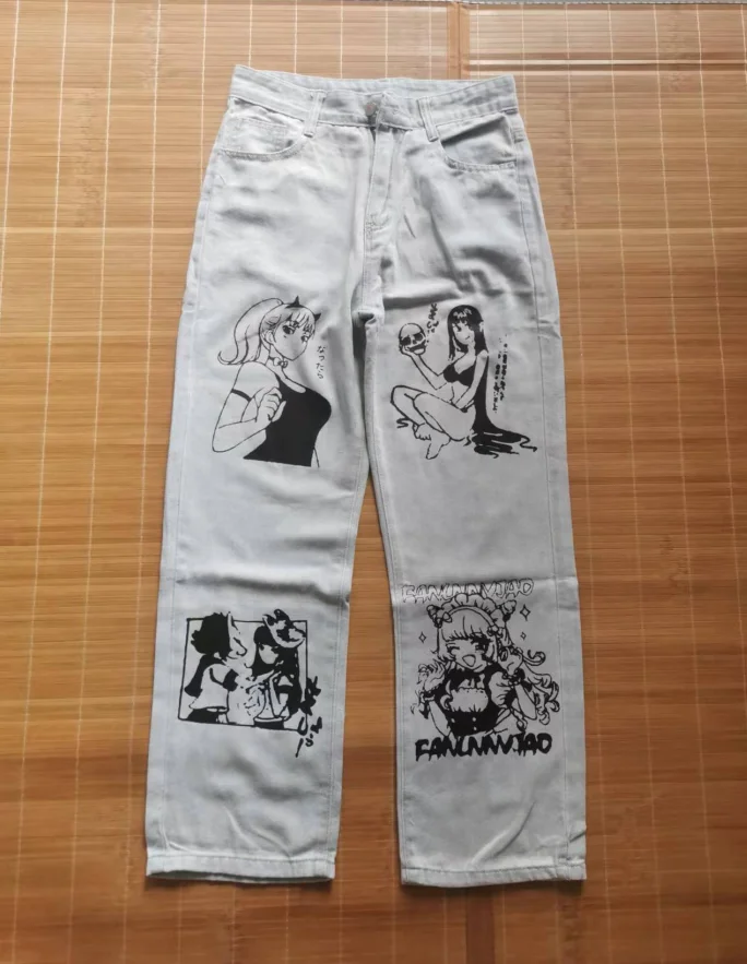 Washed Jeans Retro Harajuku Anime Cartoon Print Men Baggy Jeans Streetwear Hip Hop Tide Denim Pants Fashion Loose Wide Leg Pants