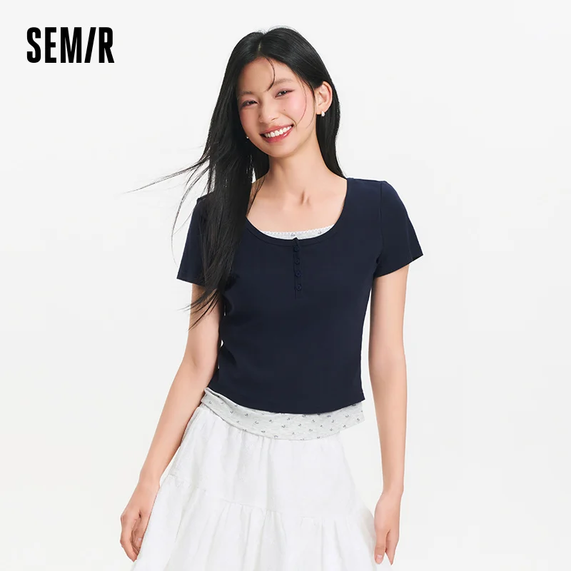 

Semir футболка с коротким рукавом, женская укороченная футболка из двух предметов, новинка лета 2025, облегающий топ с квадратными плечами и цветочным принтом
