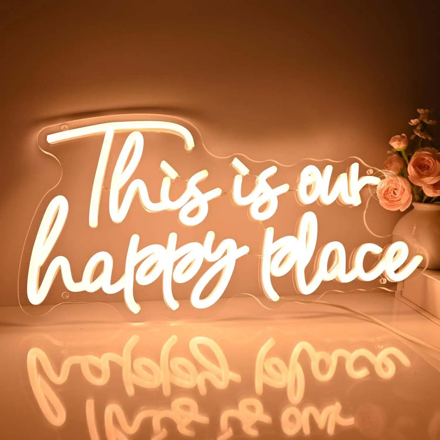 This Is Our Happy Place Neon Sign Dimmable LED Light for Home Bedroom Dorm Living Room Cafe Wedding Birthday Wall Decor Art Sign