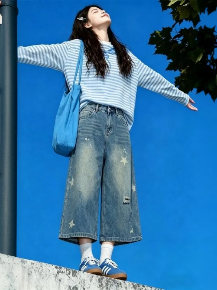 

plus Size Vintage Star Print Denim Wide Leg Seven-Foot Pants Women Summer New Loose Straight Cut Jeans High Waist Casual Wear
