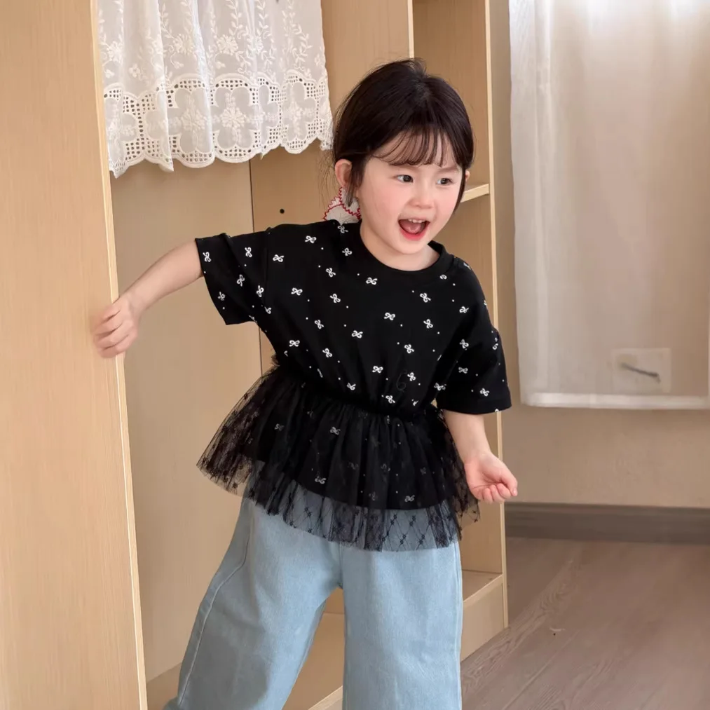 

Новые детские футболки с длинным рукавом из хлопка для девочек, с сетчатыми вставками и бантом, весна 2026. Футболки-поддевки для малышей. Детская одежда.