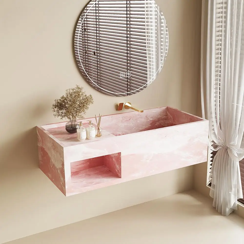 

Certified Premium Mid-Century Wall Vanity: Natural Rosy Quartz Marble w/Scratch-Resistant Ultra Narrow Rim Deep Undermount Basin